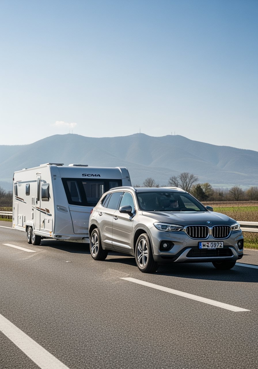 Samochód z przyczepą na słowackiej autostradzie